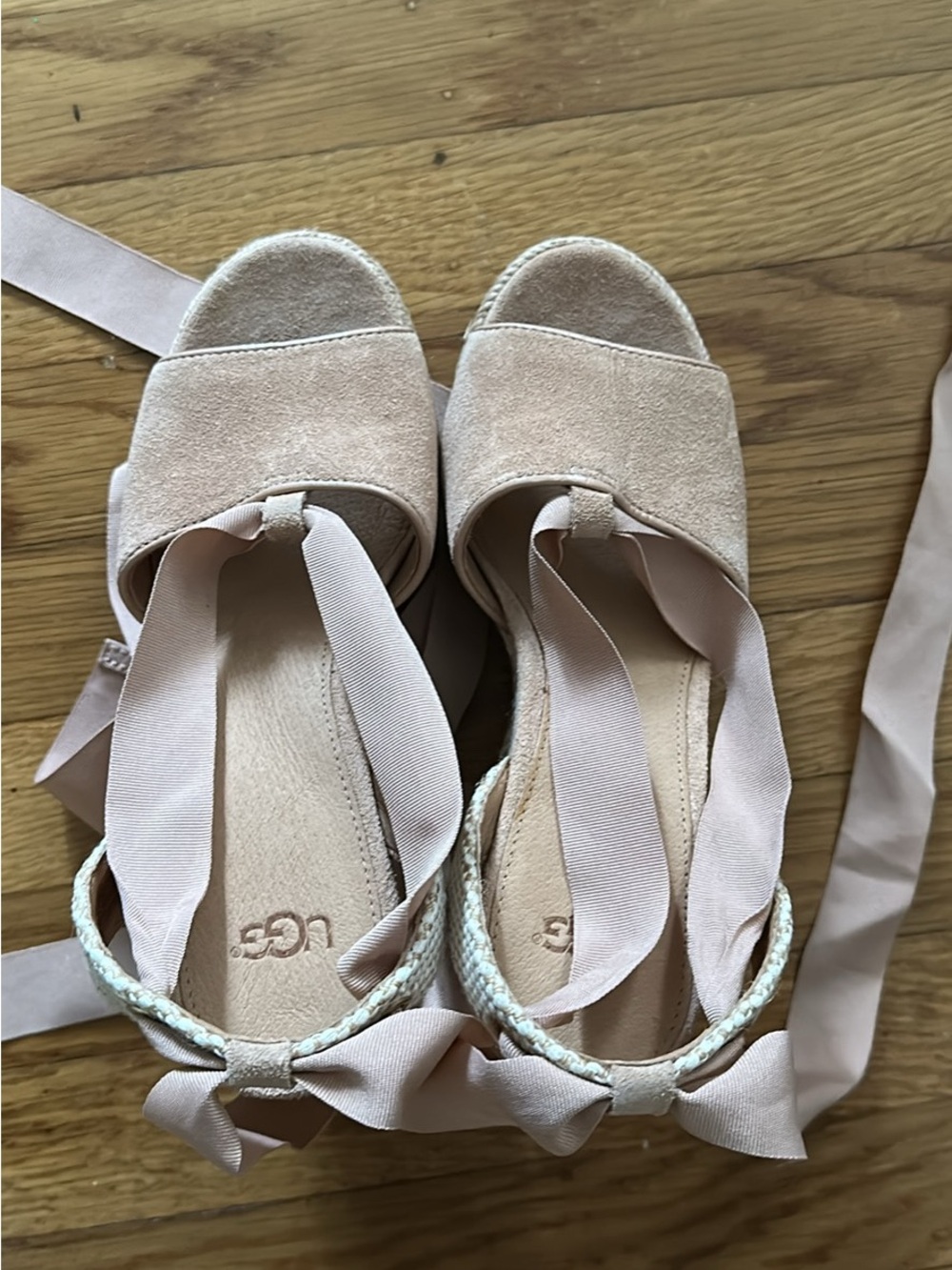 UGG Blush Pink Suede Espadrille Wedge Sandals with Ribbon Ties